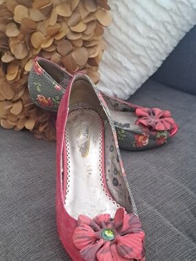 Red Floral Suede Heels